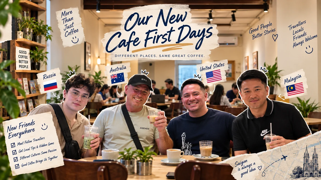 Four travellers sharing a table at Virgin Saigon Original Coffee, drinks in front of them, with the café's shelves and windows behind.