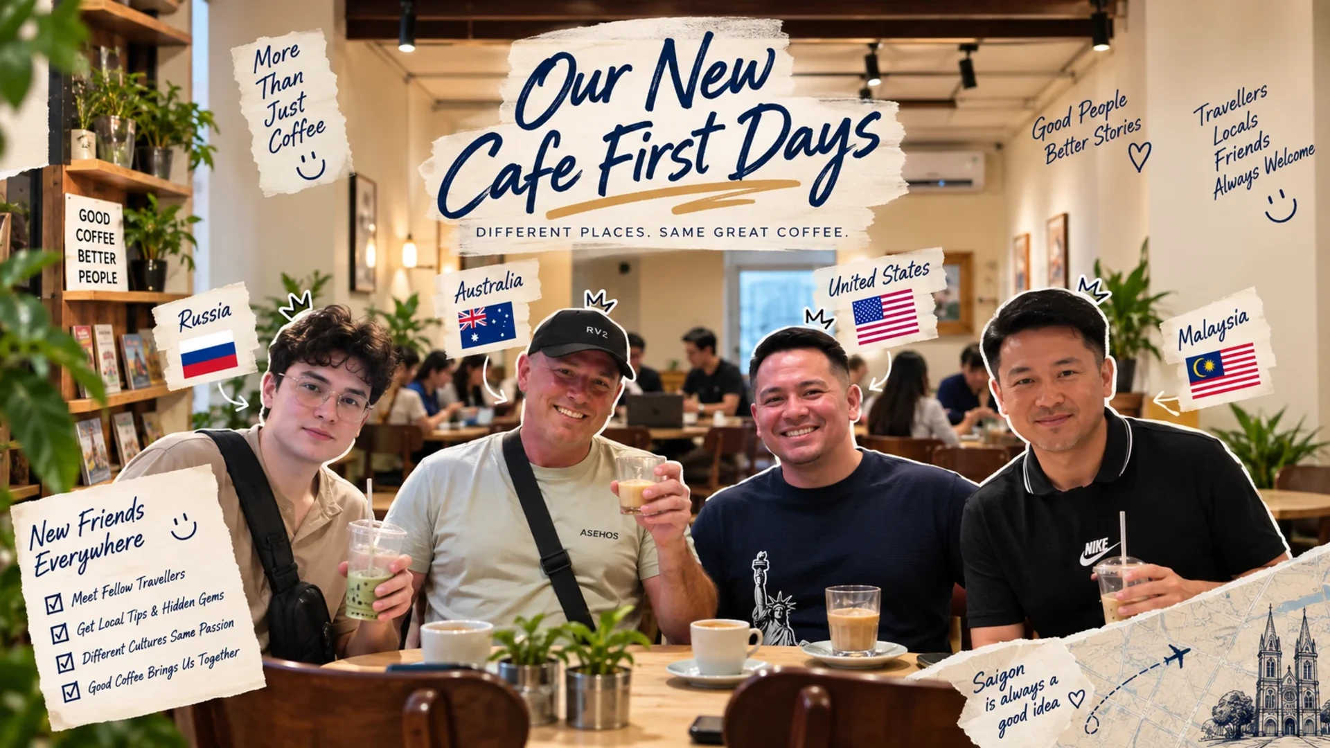 Our New Cafe First Days: illustrated community artwork with café visitors and coffee.
