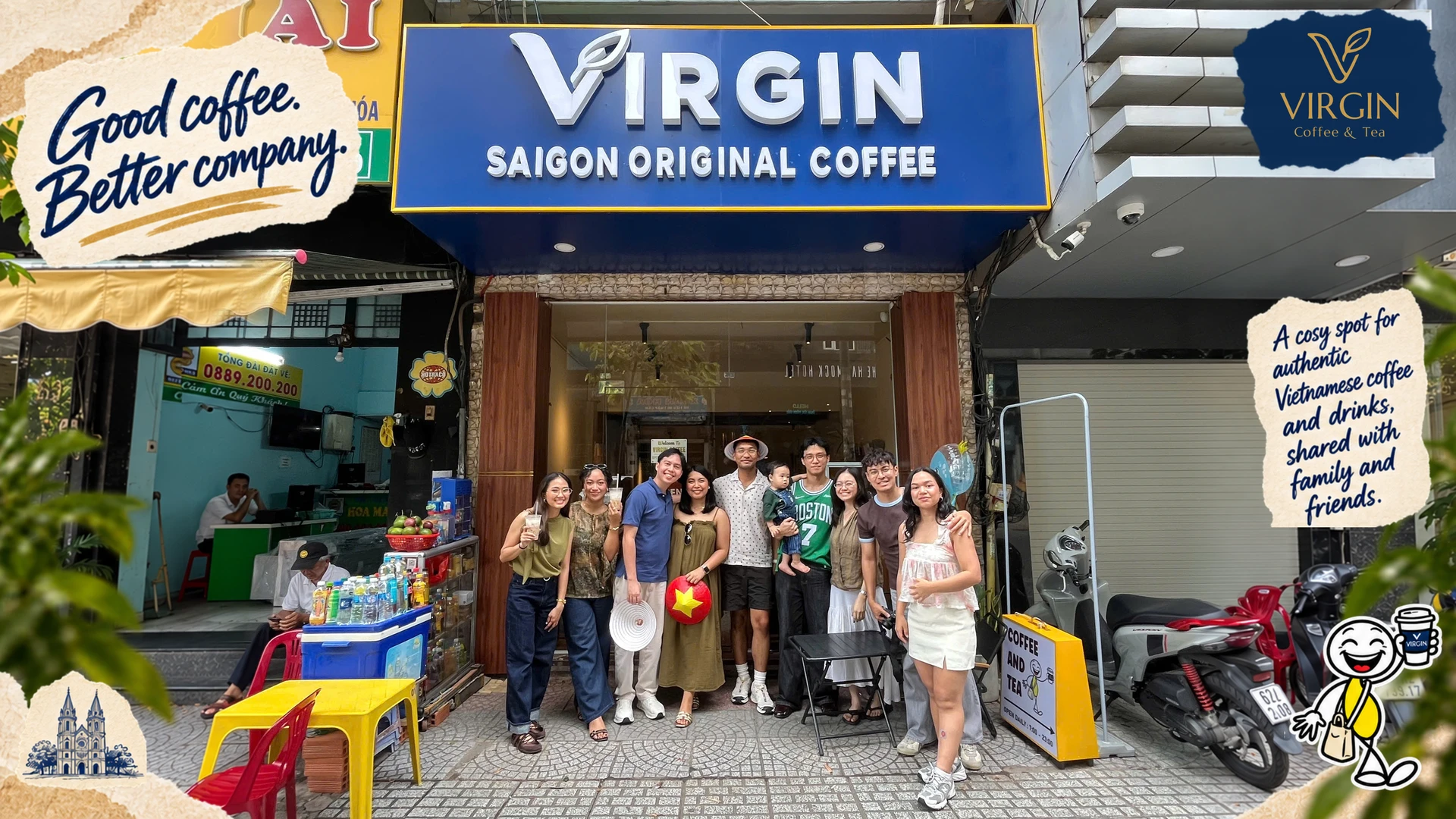 Family and friends outside Virgin Coffee Saigon, with scrapbook artwork, cathedral and coffee-cup mascot.