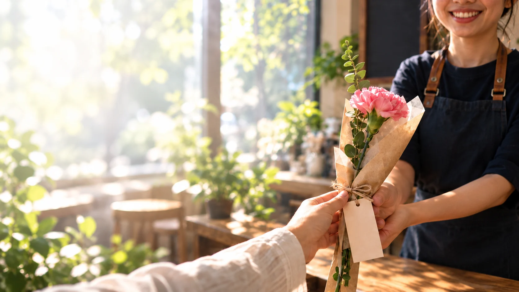 A woman offering a pink carnation at Virgin Coffee Saigon.