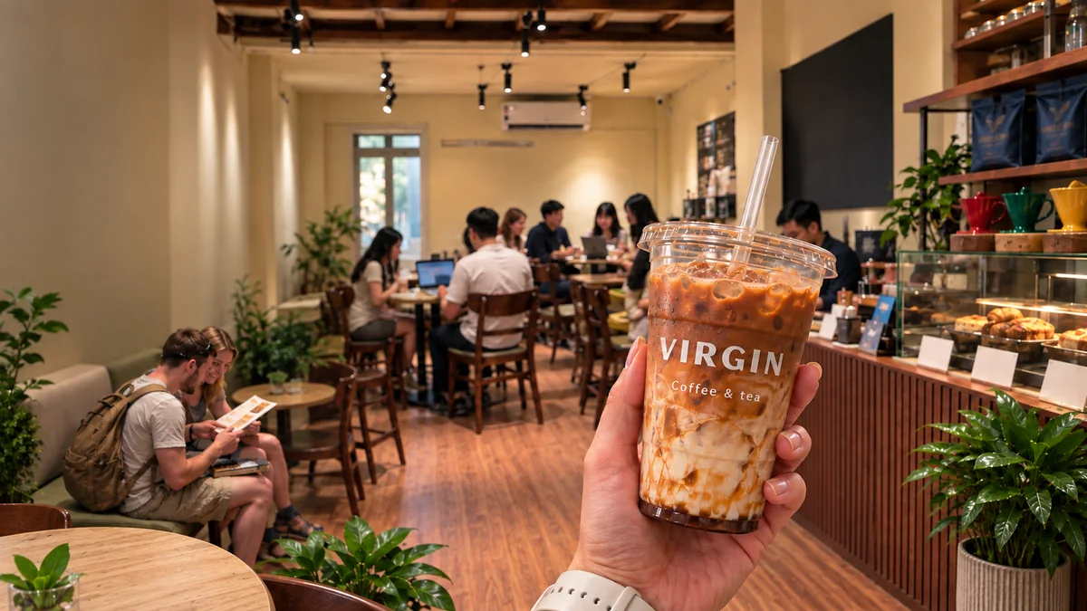 The café at Virgin Coffee seen from the door — timber tables and a fluted service counter, with an iced Virgin coffee held up in the foreground.