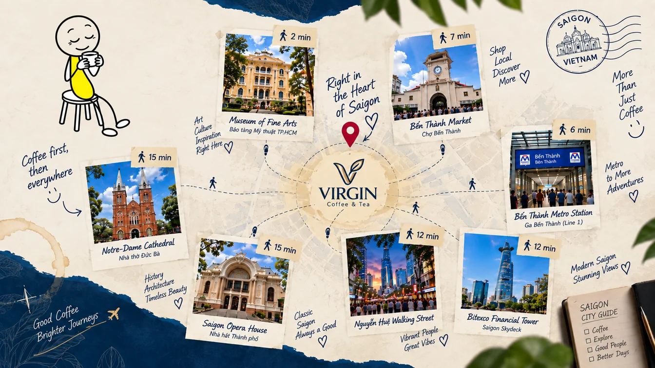 An illustrated map of central District 1 with Virgin Saigon Original Coffee at its centre, and photographs of seven places within walking distance: the Museum of Fine Arts two minutes away, Bến Thành Market seven, Bến Thành metro station six, Bitexco Financial Tower nine, Nguyễn Huệ Walking Street ten, Saigon Opera House fifteen and Notre-Dame Cathedral eighteen.