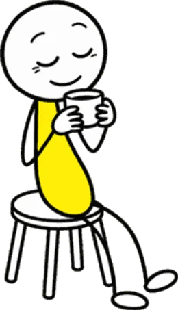 The Virgin Coffee mascot sitting on a stool with both hands around a cup.