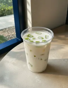 Aloe vera yogurt in the Virgin cup, thick white yogurt with translucent aloe vera cubes suspended throughout.