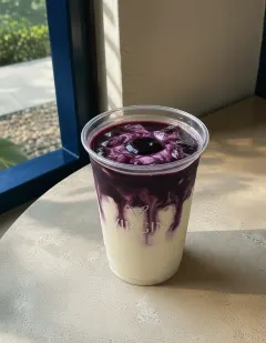 Blueberry yogurt in the Virgin cup, thick white yogurt marbled with deep blueberry sauce swirling down from the top.