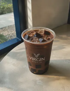Iced chocolate with coffee jelly in the Virgin cup, deep cacao over ice with cubes of coffee jelly.