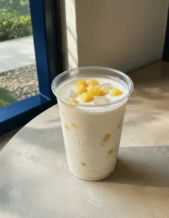 Pineapple and palm seed yogurt in the Virgin cup, thick white yogurt with golden pineapple cubes and translucent đác palm seeds.