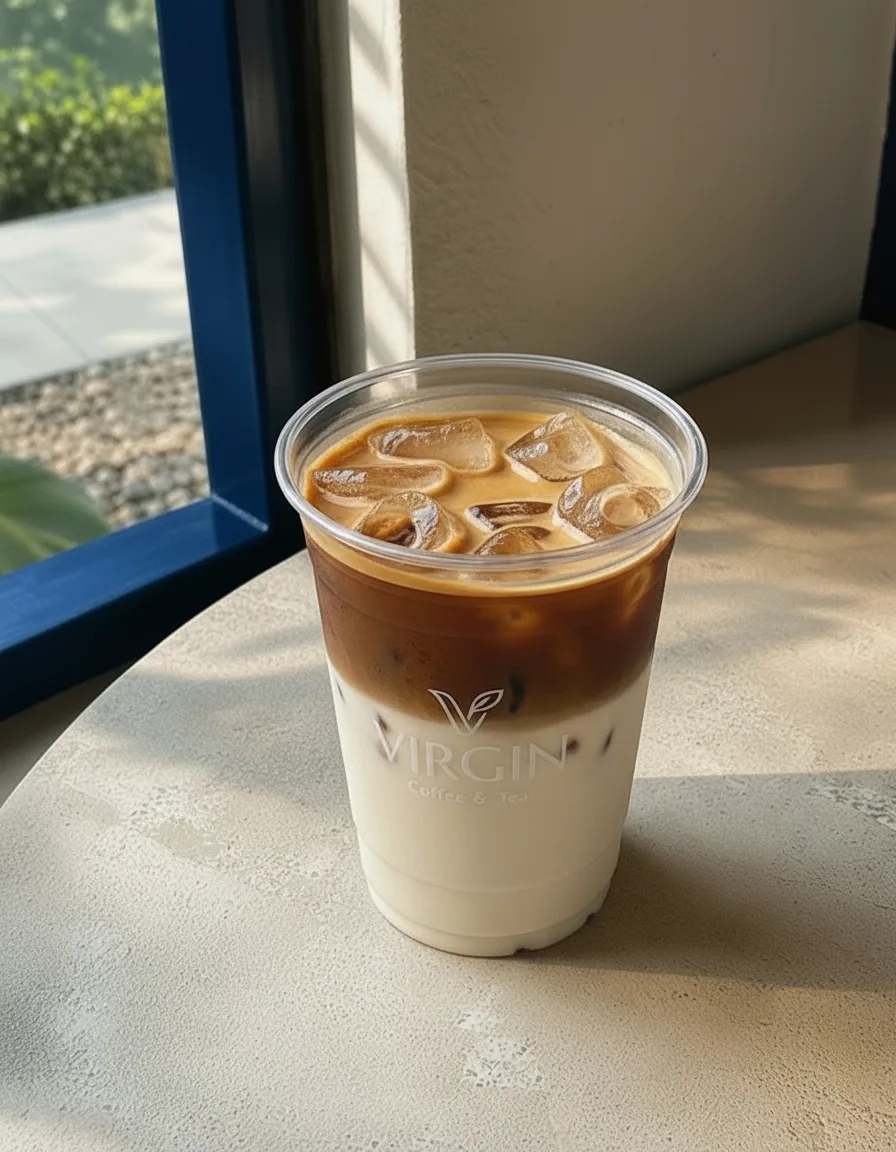 Iced bạc xỉu in the Virgin cup, milk-dominant base with a thin espresso band and crema at the top.