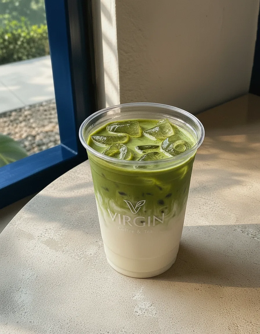 Iced matcha latte in the Virgin cup, vivid green matcha over white milk with a soft cloudy boundary between the layers.